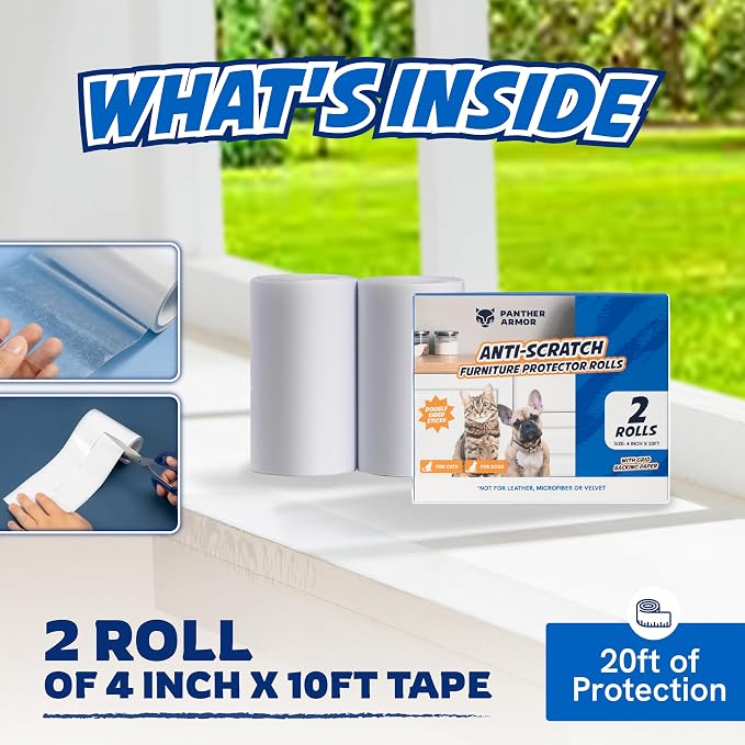 2 Rolls Cat Scratch Furniture Protector Tape – Double-Sided Sticky Training (4" x 20ft Each) – Anti-Scratch Sofa & Couch Guard – Clear, Easy to Apply & Remove – Not for Leather, Velvet, Microfiber - Image 4