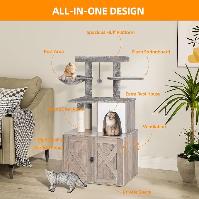 Snughome Cat Litter Box Enclosure with Tree Tower and Condo, Hidden Washroom Furniture with Sisal Scratching Post and Soft Plush Perch, Wooden Cat Furniture with Multiple Platforms, Grey - Image 5