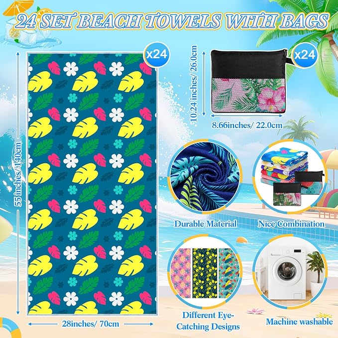 Peryiter 48 Pcs Microfiber Beach Towel with Bags Bulk, 24 Large Quick Dry Pool Towels and 24 Storage Bags, 28 x 55 Inch Hawaiian Blanket for Beach Swimming Summer Party Camping Travel Women - Image 2