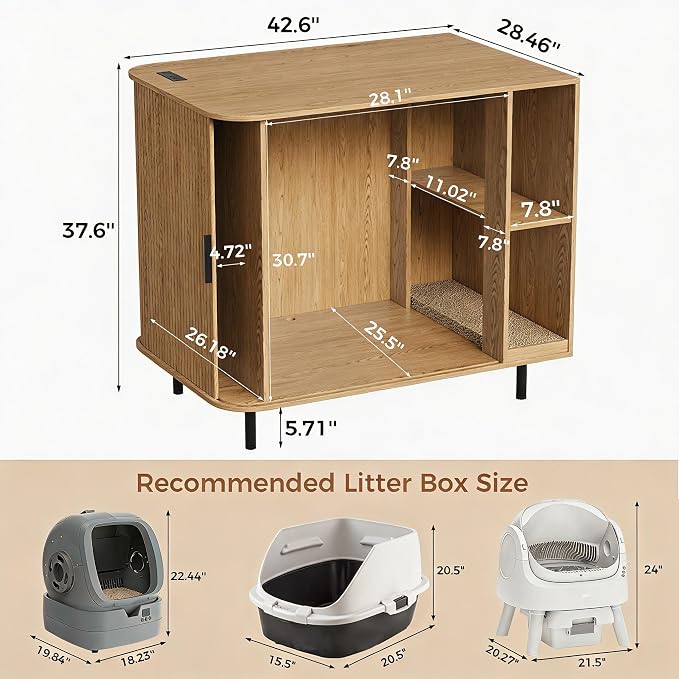 Large Cat Litter Box Enclosure with Scratch Pad, 42.6'' Hidden Litter Box Furniture for Automatic self-Cleaning Litter Boxes, Sliding Door, Adjustable Shelf for Dog Proof, Charging Station, Natural - Image 2