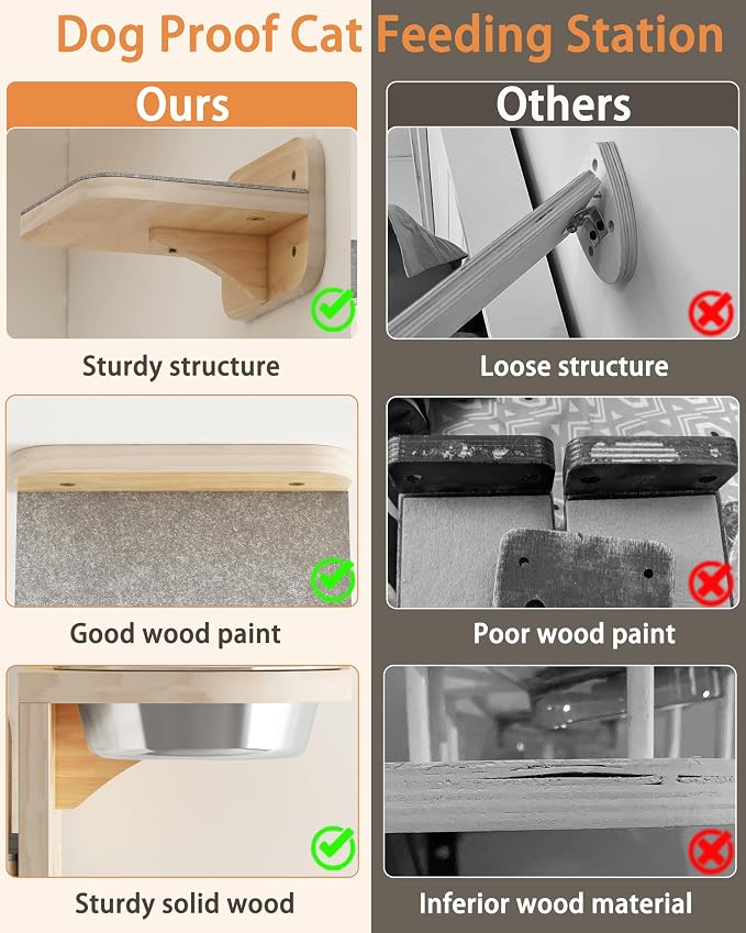 Meidok Cat Wall Furniture,Cat Wall Shelves,Dog Proof Cat Feeding Station with 3 Wide Wall Steps and 2pices 304 Stainless Steel Bowl Cat Feeding Shelf for Cats up to 25 Lbs - Wood Color - Image 5