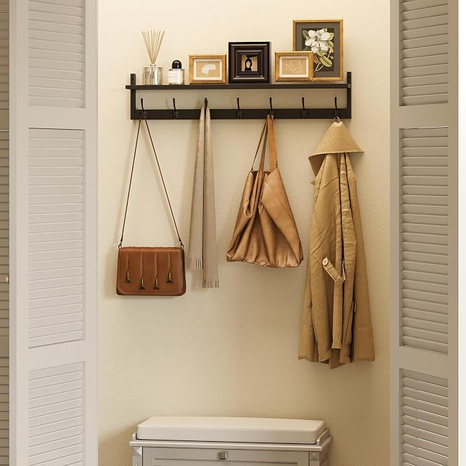 BAMEOS Wall Hooks with Shelf 35 Inch Length Entryway Hanging Shelf Wood Coat Hooks Wall-Mounted Coat Hook Rack with 7 Dual Hooks for Bathroom, Living Room, Bedroom (Black) - Image 4