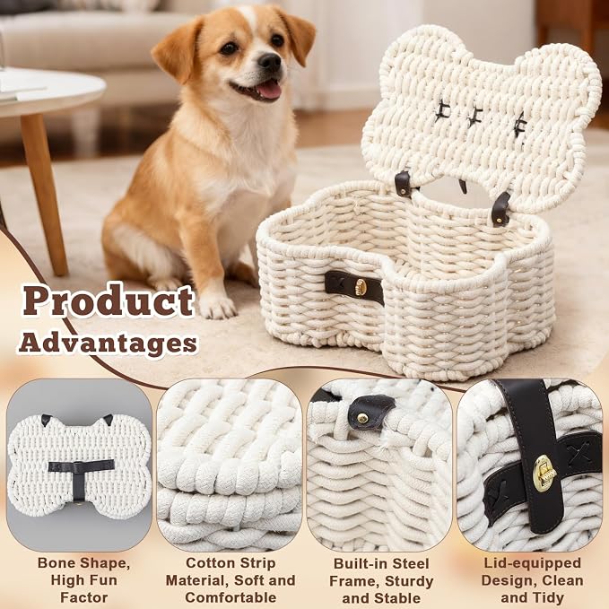 Dog Toys Basket, Cotton Rope Bin Bone Shaped Pet Toys Organizer, Handmade Pet Toy Bin, Woven Baskets for Storage, 14.96" x 11.22" x 6.5"inch - Image 3