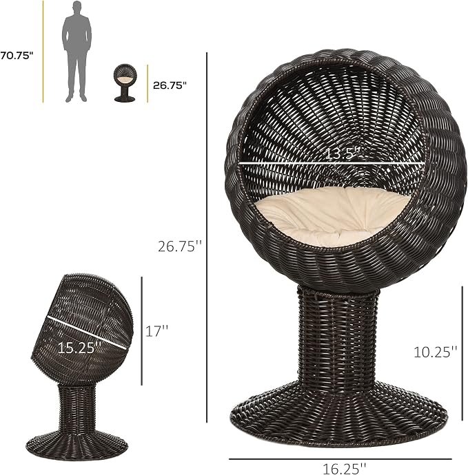 PawHut Elevated Cat Bed with Rotatable Egg Chair Pod, Cat Basket Bed with Thick Cushion, Natural Mat Grass Woven Kitty House, Coffee | Cat Basket Bed, Natural Mat Grass Woven Kitty House - Image 7
