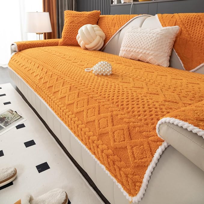 vctops Cable Jacquard Plush Sofa Couch Covers Boho Fuzzy Couch Cover for Dogs Soft Non Slip Sectional Sofa Slipcover Thick Warm Washable Furniture Protector for Kids, Pets (Orange,28"x82") by vctops