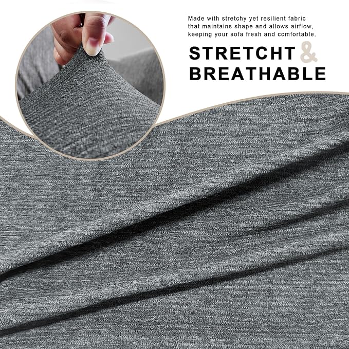 URBANLIFE 3-Piece Stretch Sofa Covers for 2 Cushion Couch, Gray | Super fitted spandex slipcovers for couches. Non-slip elastic bottom. Machine washable furniture protector for kids & pets. - Image 8