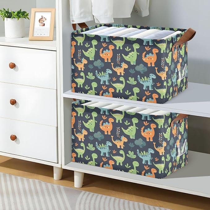 Sage Green Dinosaur Orange Black Baby Storage Basket with Labels&Handles Rectangular Waterproof Nursery Storage Bins Collapsible Shelf Organizer Baskets for Kids Books Cloth Gift Toys Laundry - Image 3