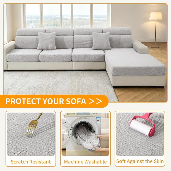 XINEAGE Couch Cushion Covers Seat Cushion Cover Thick Stretch Sofa Slipcovers 3 Piece Individual Couch Covers with Elastic Bottom(3 Seat Cushion/Backrest,Sliver Grey) - Image 6