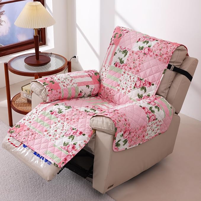 Skidproof Sofa Cover-Floral Sofa Slipcover with Elastic Straps-Easy Fit Slip Cover-Washable Furniture Protector for Pets and Kids(Recliner,Pink) by cmfshape-quiltset