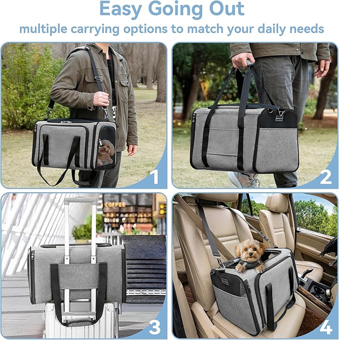 Petsfit 17" x 11" x 11" Airline-Approved Expandable Pet Carrier, 2X Square Expansion Reduces Pet Anxiety, Escape-Proof Self-Locking Zippers, 5 Easy-Access Entrances, for Cats & Small Dogs up to 15 lbs