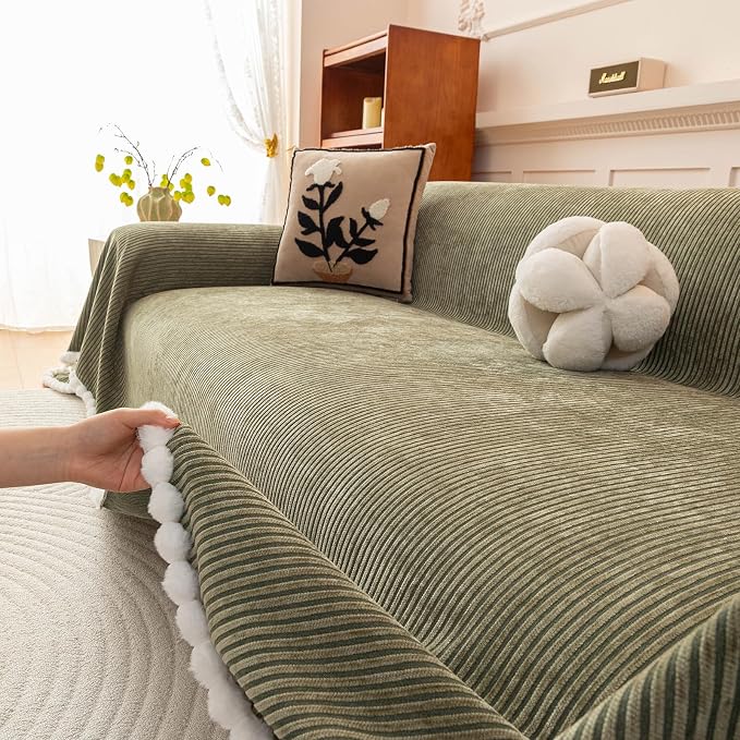 Olive Green Striped Chenille Sofa Cover for Dogs, Modern Boho Couch Cover for Sofa Washable, Non Slip Pets Couch Protector for 2 Cushion Couch with Pom Pom Edge, Sectional Slipcover Blanket-71X118IN - Image 8