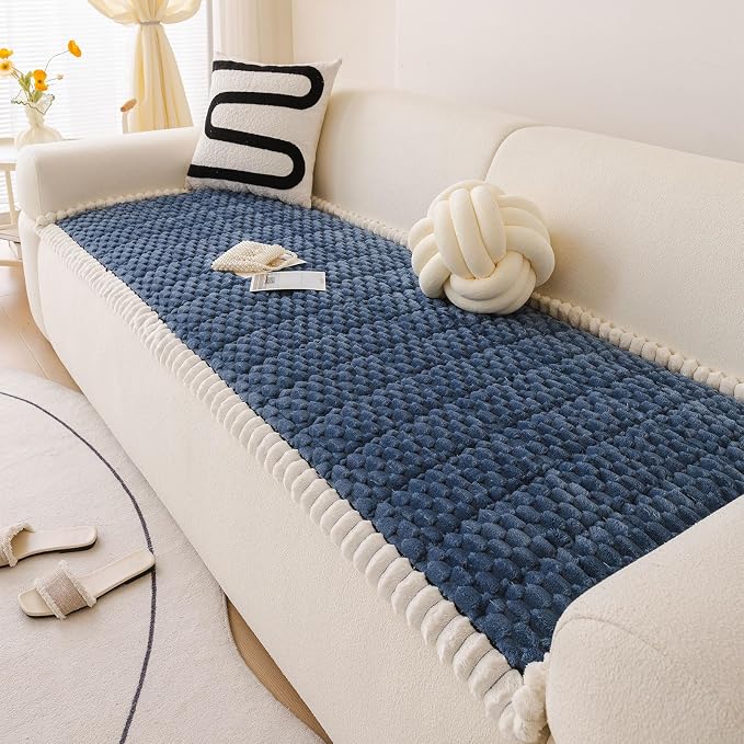DREAMINGO Pet Couch Covers for Sofa Non Slip Fuzzy Dog Sofa Covers Washable Geometric Jacquard Couch Cushion Protector Blue Pet Bed Mat 27.6x82.7 Inch by DREAMINGO