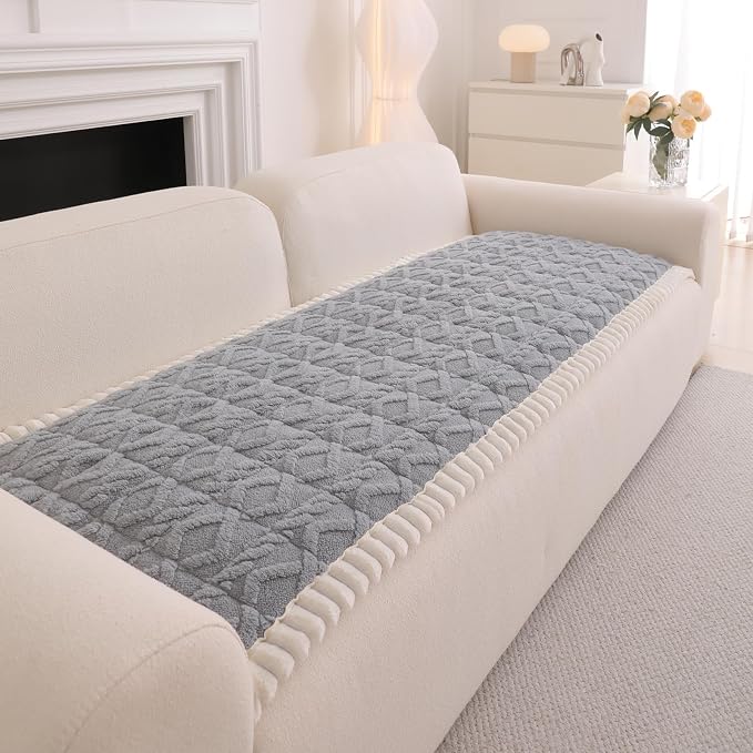 DREAMINGO Fuzzy Pet Couch Cover with Geometric Jacquard, Washable & Non-Slip Sofa Covers for 2 Cushion Couch, Plush Dog Bed Mat for Sofa Cushion Protector 27.6x59.1 Inch, Light Grey by DREAMINGO