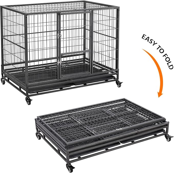 Yaheetech 43in Heavy Duty Escape Proof Dog Crate Cage w/Double Doors, 2 Removable Trays, Lockable Wheels, Indestructible Dog Kennel for Medium/Large Dogs