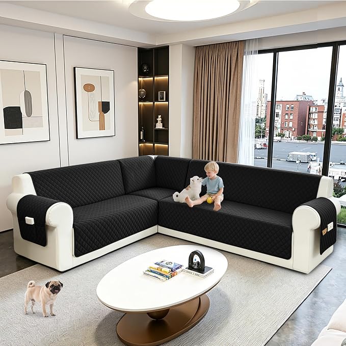 Sectional Couch Covers for Dogs 100% Waterproof Corner L Shaped Sofa Cover Pet Friendly Velvet Washable Anti Slip L Shape Modular Sofa Slipcover Protector with Pockets (Black, XL Plus) - Image 6