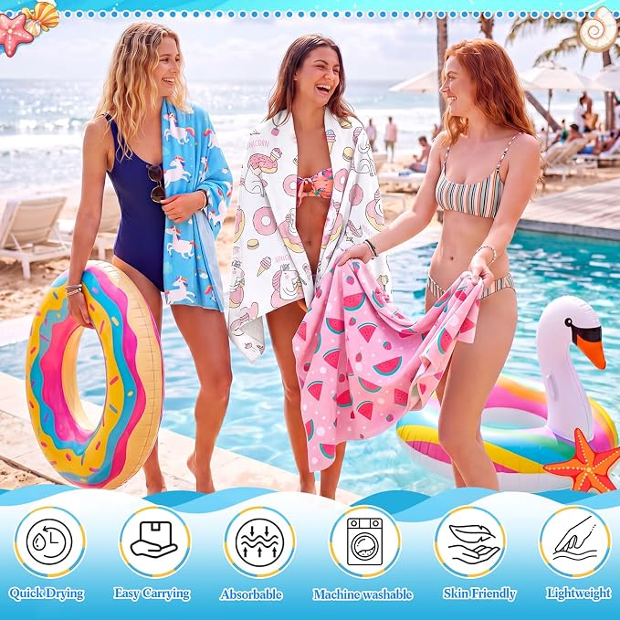 Peryiter 48 Pcs Microfiber Beach Towel with Bags Bulk, 24 Large Quick Dry Pool Towels and 24 Storage Bags, 28 x 55 Inch Ice Cream Mermaid Blanket for Beach Swimming Summer Party Camping Travel Women - Image 3