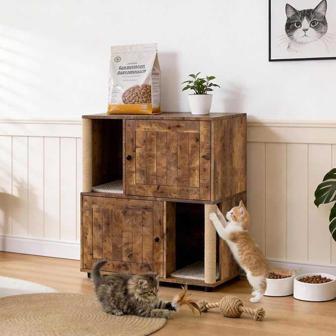 Garvee Double Layer Cat Litter Box Furniture, 2 in 1 Hidden Litter Box Furniture with Scratching Post and Litter Mats, Wooden Corner Cabinet Cat Washroom Bed - Image 7