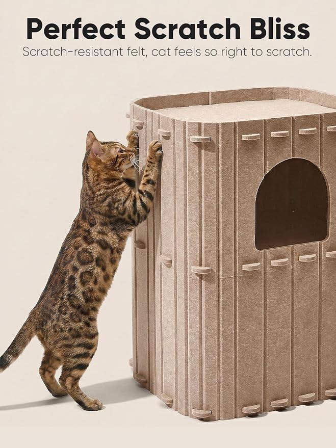 FUKUMARU Cat House for Indoor Cats, Warm Felt Cat Bed, Scratch Resistant | Large Cat Bed Cave, 3-in-1 Cat Condo, Cozy Felt Covered Cats Tunnel, 23.62 Inch Kitten Hideaway for Multicats, Beige - Image 3