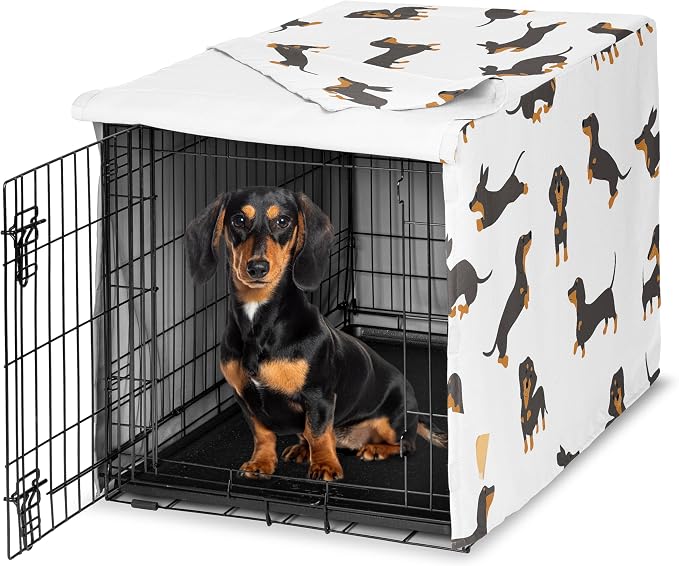 Sweet Jojo Designs 36in. Medium Dog Crate Cover (Dachshund) Pet Cage, Kennel Covers (Puppy Dogs, Black and Tan, Modern, Dog, Whimsical, Pet, Puppies, Cartoon, Minimalist, Wiener Doggy) by SweetJojoDesigns