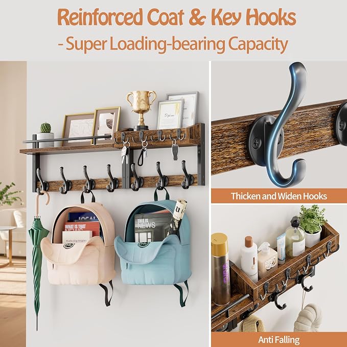 29 inch Coat Rack Wall Mount with Shelf, Entryway Wall Shelf with Hooks, Heavy Duty Coat Hanger Wall Mount with Key Holders and Mail Organizer for Living Room, Bedroom, Black & Brown - Image 2