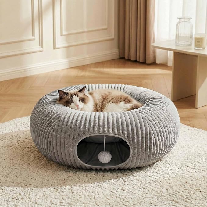 Cat Tunnel Bed for Indoor Cats, Peekaboo Cat Cave Bed,Soft Cat Donut Tunnel for Kitten Large Cats, Grey - Image 4