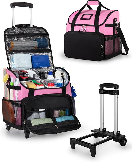 Marscamd Large Rolling Cleaning Caddy Bag with Detachable Trolley, Cleaning Supplies Organizer with Wheels for Housekeepers, Pink by Marscamd