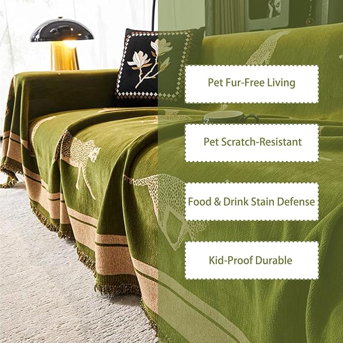 Chenille Sofa Cover with Tassels, Non-Slip Couch Cover for 3/4 Seat Sofas, Washable Furniture Protector for Pets & Kids, Modern Leopard Pattern Chenille Blanket - Image 5