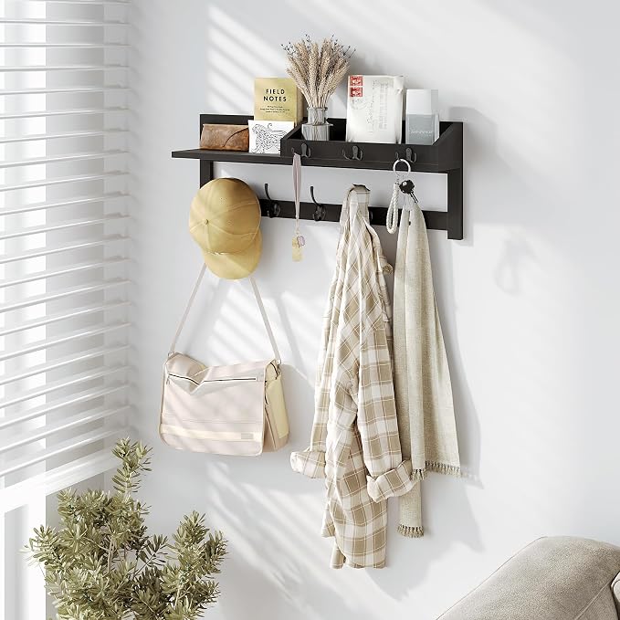 AMBIRD Wall Hooks with Shelf, 26.57 Inch Entryway Wood Coat Hooks for Wall, Coat Rack Wall Mount Rack with 5 Dual Hooks 3 Key Hooks Mail Organizer and Key Rack Key Holder (Black) - Image 3