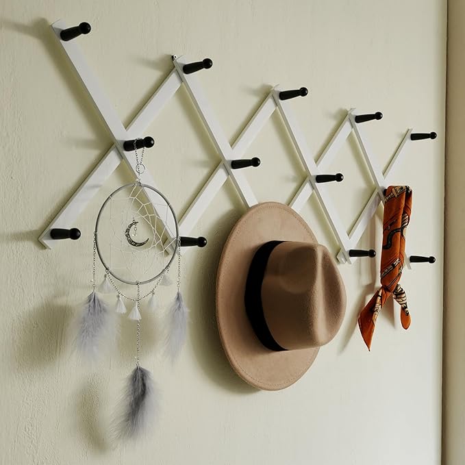 SKOLOO Hat Rack for Wall with 14 Hooks, Solid Wooden, Modern, Expandable Coat Rack Wall Mount for Coats, Hats, Bags, Baseball Caps, Black on White - Image 5