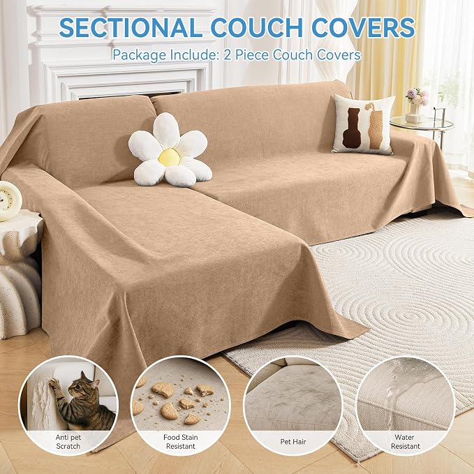 Deep Dream Sectional Couch Covers, 2 Pieces 100% Waterproof L Shaped Sofa Cover, Non Slip Couch Cover for Dogs Cats Washable, Pet Friendly Sofa Slipcovers Furniture Protector (X-Large, Brown) - Image 3