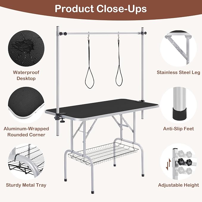 Yaheetech 46'' Dog Grooming Table for Large Medium Dogs at Home, Black | Portable Pet Grooming Table with Arm & Nooses, Foldable Design, Non-Slip Surface, Mesh Storage Tray, 264lbs Capacity - Image 5