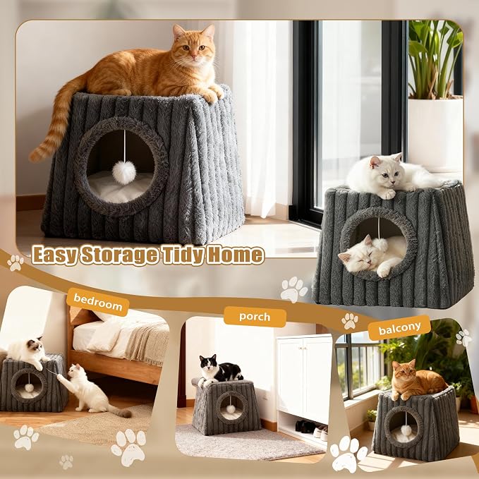 Indoor Cat House - Large Cat Cave Bed with Fluffy Balls, Foldable Cat Bed Cave and Apartment with Pads, Suitable for Multiple Small and Large Cats, 15.74x13.7x13.7inches(Deep Grey, Large) - Image 9