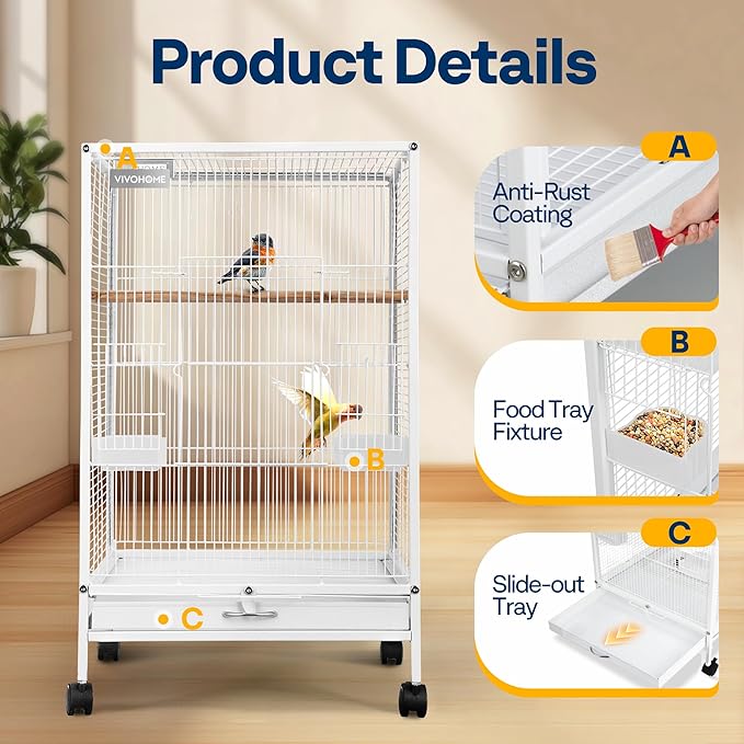 VIVOHOME Wrought Iron Bird Cage with Rolling Stand, 30 Inch Height | Standing Bird Flight Cage with Casters, Slide-out Tray for Parakeets Cockatiels Lovebirds Canaries Finches Conures, Whtie - Image 3