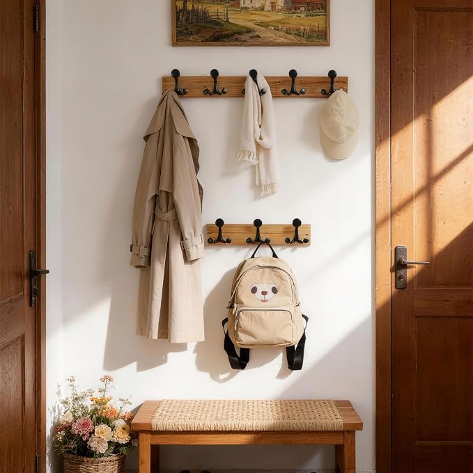 SKOLOO 24-Inch Wood Coat Rack Wall Mount with 5 Triple Hooks - Ideal for Family Entrances, Classrooms, and Pet Supplies Storage - Perfect Coat Hooks for Wall, Black on Natural - Image 3