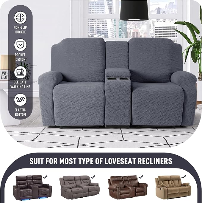 KinCam Loveseat Recliner Covers with Middle Console Slipcover, Dark Gray | Stretch Recliner Sofa Covers for 2 Seat Couch Cover, Jacquard Furniture Protector Covers with Elastic Bottom for Kids, Pets - Image 4