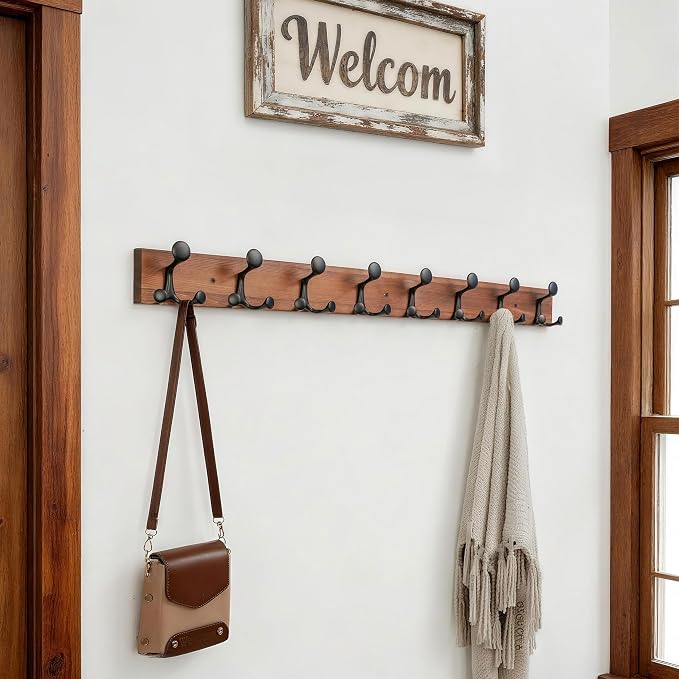 SKOLOO 43-Inch Wood Coat Rack Wall Mount with 8 Triple Hooks - Ideal for Family Entrances, Classrooms, and Pet Supplies Storage - Perfect Coat Hooks for Wall,Charred Golden Brown, Pack of 2 - Image 3