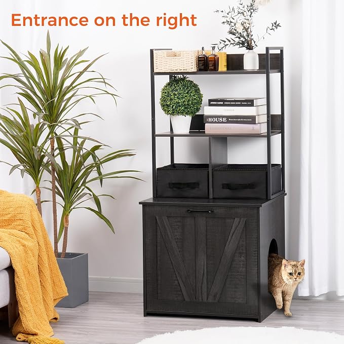 Dwanton Litter Box Enclosure with 2 Storage Shelves and 2 Drawers, 2-in-1 Hidden Cat Litter Box Enclosure Furniture with Shelf, Reversible Entrance, Washable Drawers, 50-Inch, Dark Grey - Image 2