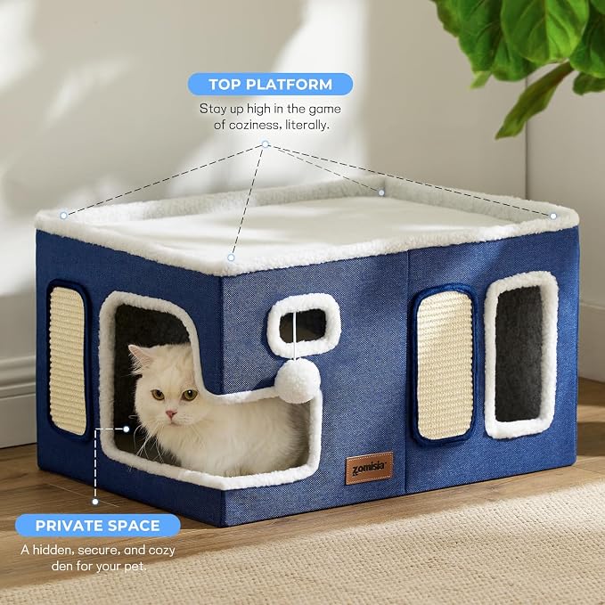 ZOMISIA Extra-Wide Cat House for Indoor Cats - Large Cat House for Pet with Fluffy Ball Hanging and Scratch Pad, Foldable Cat Hideaway for Multi Cats, 23x16.5x13 inches, Navy - Image 3