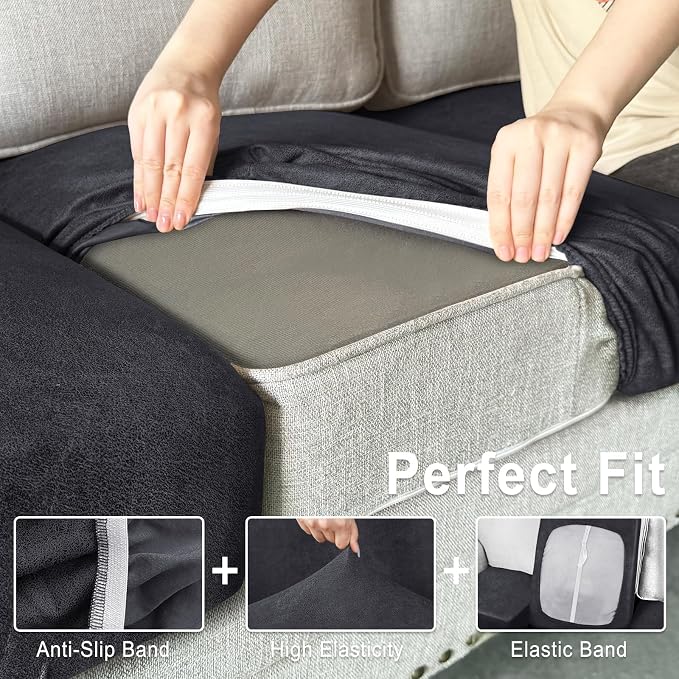 ANARACHON Leather Look Couch Cushion Covers Sofa Seat Slipcovers Sets Couches Furniture Protector for Sectional Armchair Loveseat Pets Kids Stretch Spandex Fabric (3 Cushion Sofa, Dark Grey) - Image 4