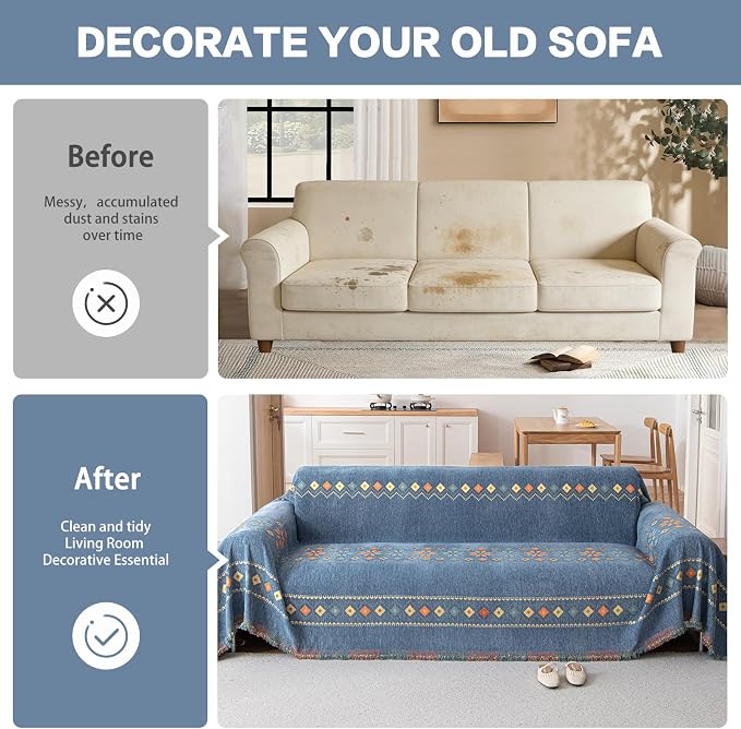 DREAMINGO Couch Cover Chenille Boho Sofa Covers for Dog Reversible Geometric Couch Throw Cover Sectional Couch Covers for 3 Cushion Couch L Shaped Sofa Cover Blue Furniture Protector, 71"x134" - Image 4