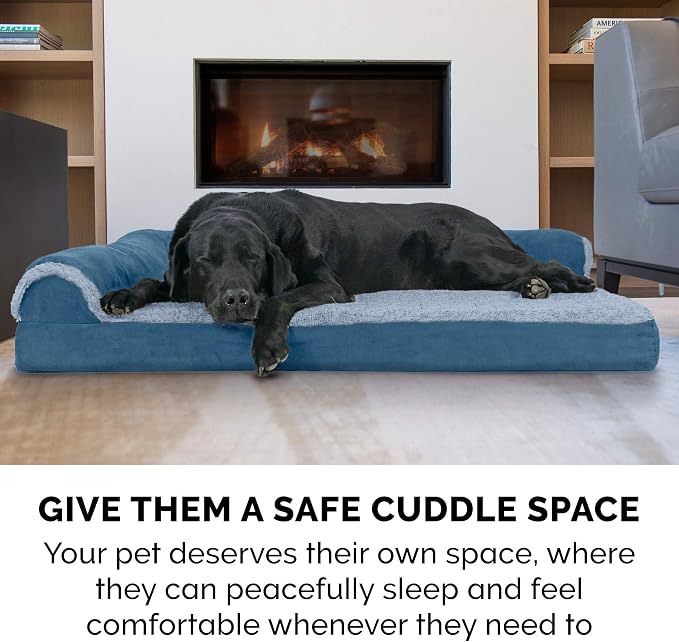 Furhaven Orthopedic Dog Bed for Large/Medium Dogs w/ Removable Bolsters & Washable Cover, For Dogs Up to 55 lbs - Two-Tone Plush Faux Fur & Suede L Shaped Chaise - Marine Blue, Large - Image 10