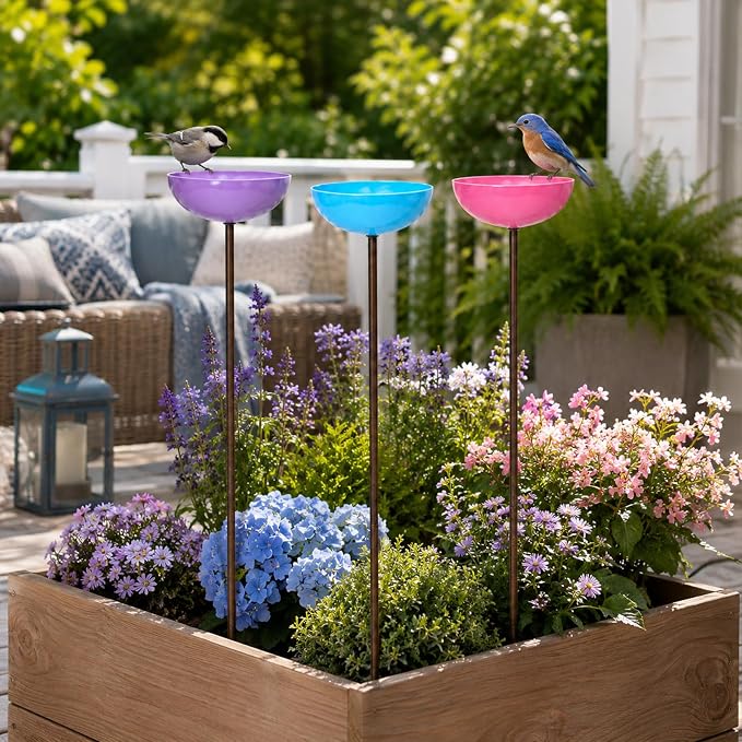 Colorful Metal Bird Bath Garden Stakes 3 Pack - Multi-Height Rustproof Outdoor Bird Feeder Water Station for Hummingbird Butterfly Bee, Decorative Yard Lawn Rain Catcher Ornament (Blue/Green/Red) - Image 8