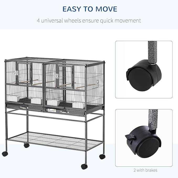 PawHut Divided Breeder Bird Cage with Rolling Stand Removable Metal Tray, Storage Shelf, Wood Perch, and Food Container | Storage Shelf, Wood Perch, Food Container - Image 5