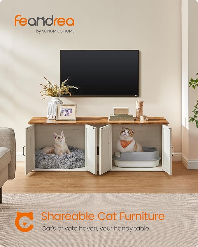 Feandrea Double Cat Litter Box Enclosure, Modern Litter Box Furniture Hidden for 2 Cats, Front Entry, Cat House, Side End Table, TV Stand, 59 x 19 x 19.5 Inches, Honey Brown, Rustic White UPCL010K01 - Image 2
