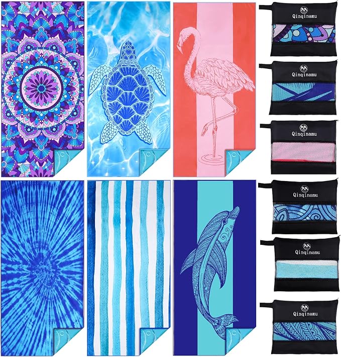6 Pack Microfiber Thin Lightweight Beach Towel Oversized 71x32 Extra Large Sand Free Towels for Travel Swim Pool Yoga Gym Camping for Adults Women Men Beach Essentials Accessories Vacation Gift by Qinqinamu