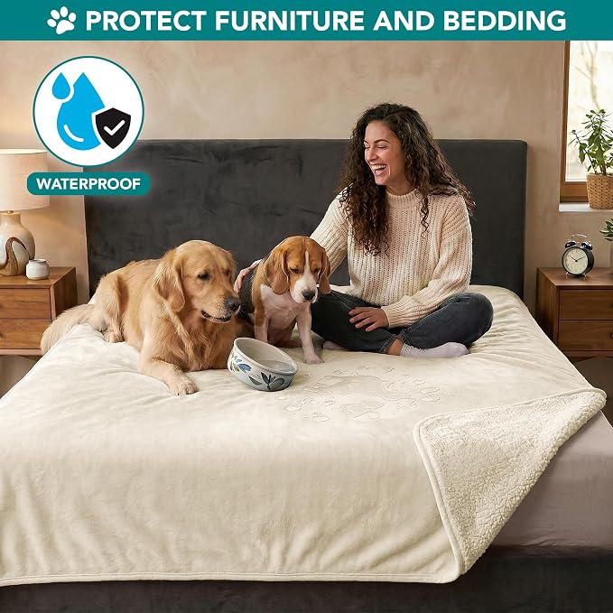 PetAmi Waterproof Dog Blanket Sherpa Fleece, Pet Medium Large Dogs, Reversible Cat Throw Bed Couch Sofa Furniture Protector, Soft Plush Polyester (X-Large 60x80, Beige), X-Large (60x80) - Image 2