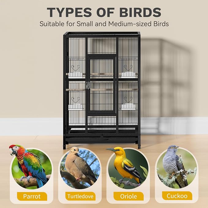 DWVO 53.9-Inch Metal Bird Cage | Large Parrot Cages with Seed Catcher & Cover - Rolling Stand with Brakes - Image 6