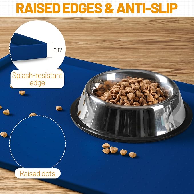 Hubulk Dog Feeding Mat,100% Waterproof Food Grade Silicone Pet Food and Water Bowl Placemat,Dishwasher, High Raised Edge to Prevent Spills,Nonslip Tray to Stop Messes on Floor (19"x12"x0.5", Navy) - Image 3
