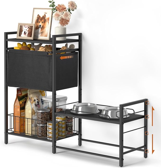 Lomivra Elevated Dog Bowls, Raised Dog Bowl Stand with Dog Toy Bin Basket Dog Food and Water Bowl Feeding Station, Lifted Dog Bowl Holder Cabinet with Pet Storage Organizer for Large Medium Small Dogs by Lomivra