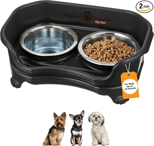 Neater Feeder Express Mess Proof Dog Bowls Elevated for Small Breeds Under 15 Lb, Made in USA, No Spill Raised Dog Food Bowl Stand, Stainless Steel Food and Water Bowl Set, Feeding Station, Black by NeaterPets